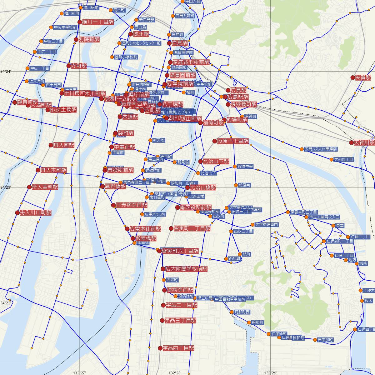 比治山橋駅（広島電鉄）周辺のバス路線図