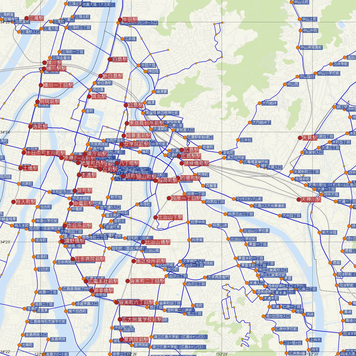 的場町駅（広島電鉄）周辺のバス路線図