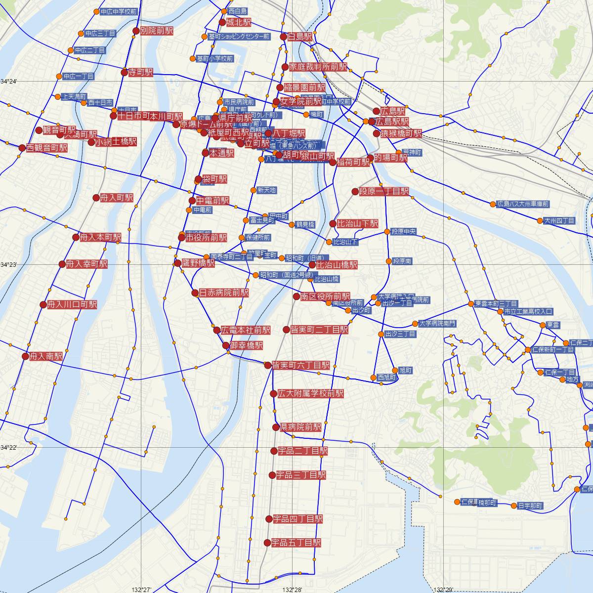 南区役所前駅（広島電鉄）周辺のバス路線図