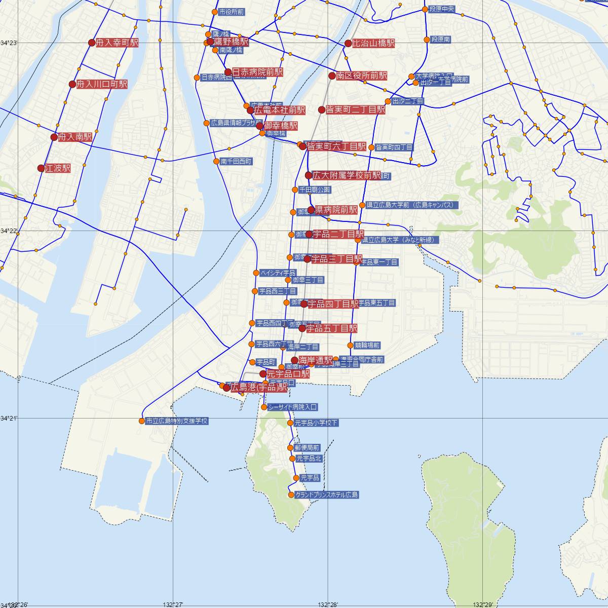 宇品四丁目駅（広島電鉄）周辺のバス路線図