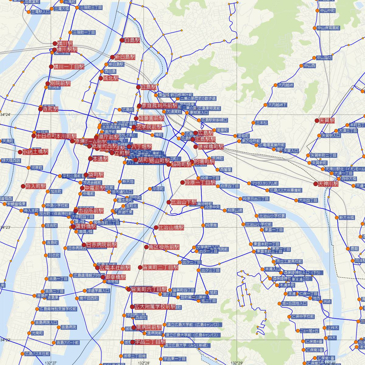 段原一丁目駅（広島電鉄）周辺のバス路線図
