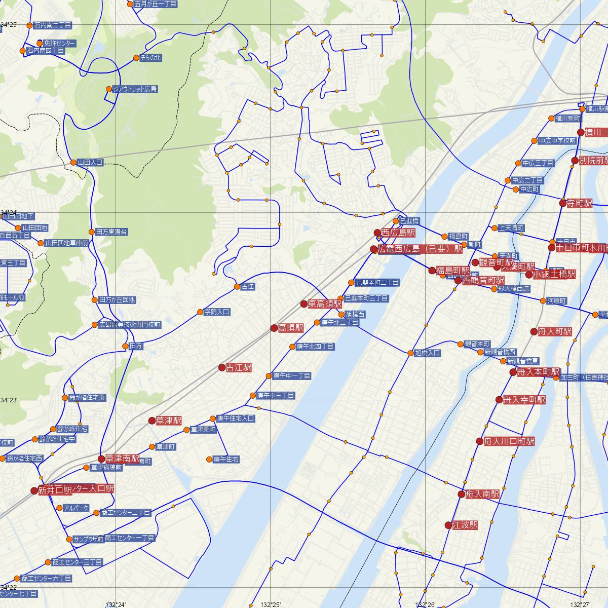東高須駅（広島電鉄）周辺のバス路線図