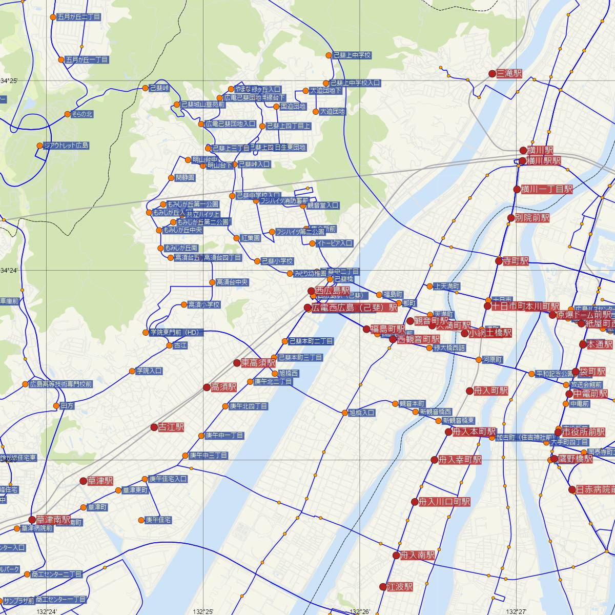 広電西広島（己斐）駅（広島電鉄）周辺のバス路線図