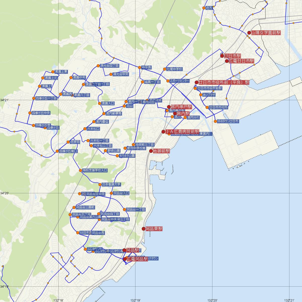 地御前駅（広島電鉄）周辺のバス路線図