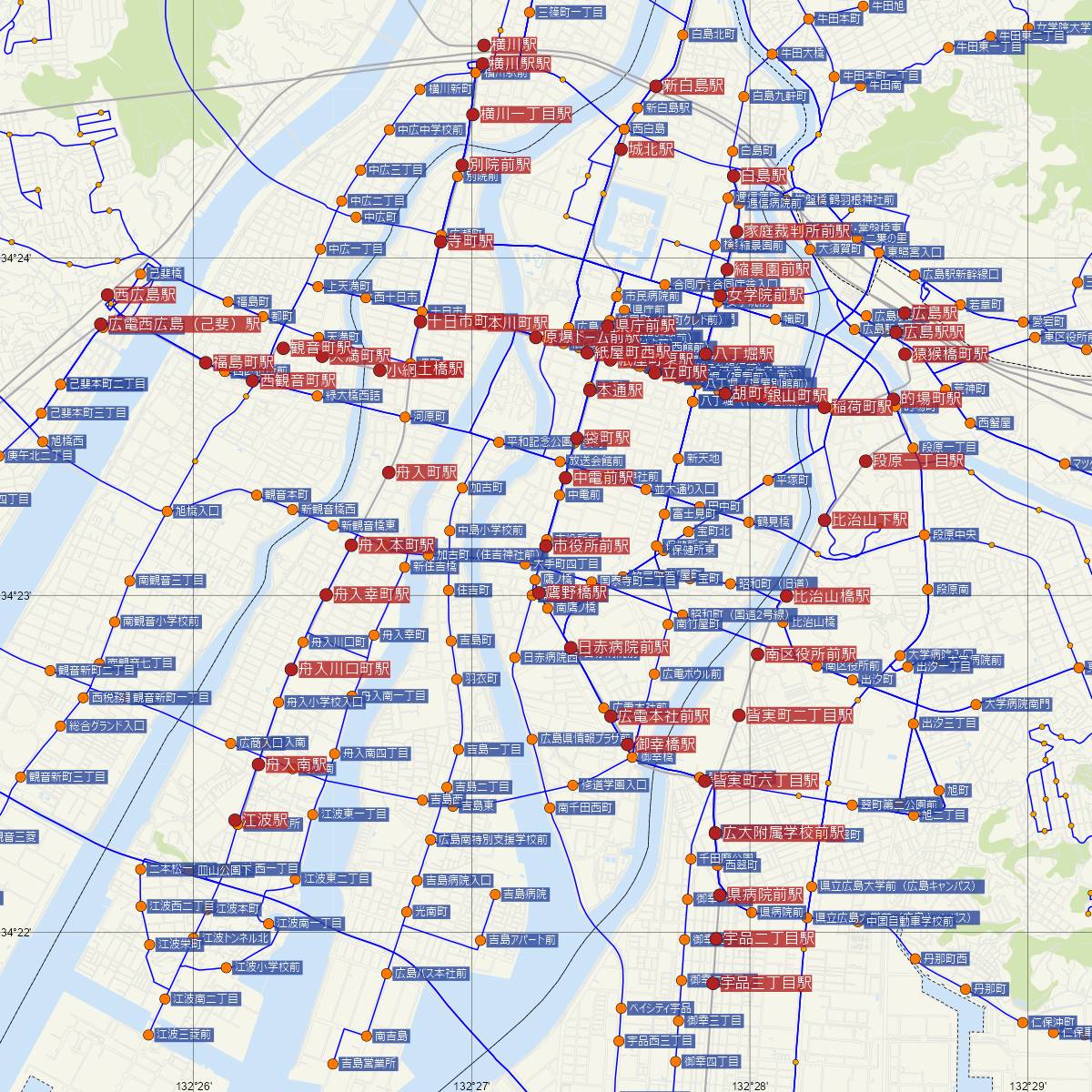市役所前駅（広島電鉄）周辺のバス路線図