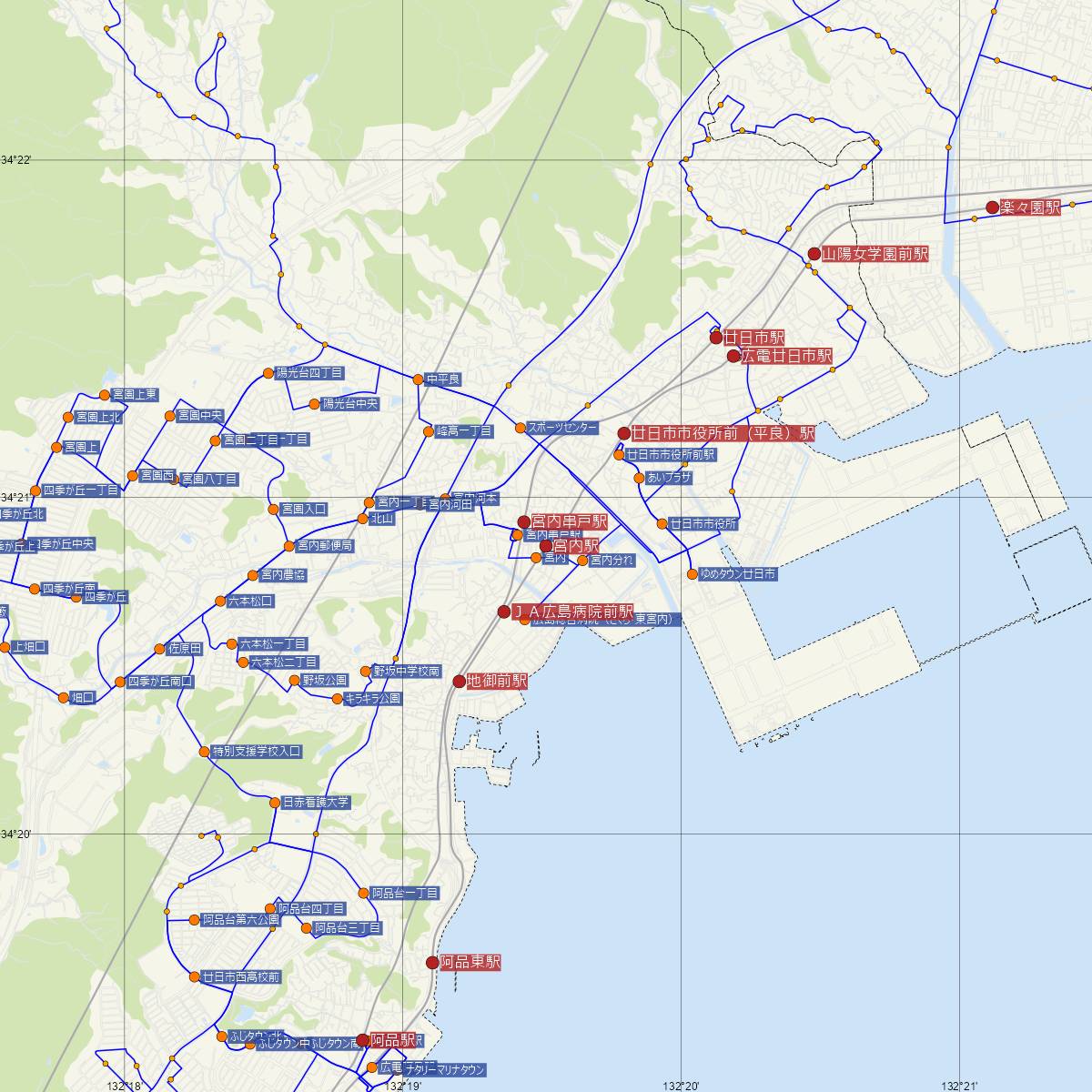 宮内駅（広島電鉄）周辺のバス路線図