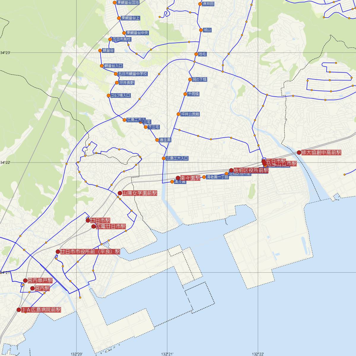 楽々園駅（広島電鉄）周辺のバス路線図