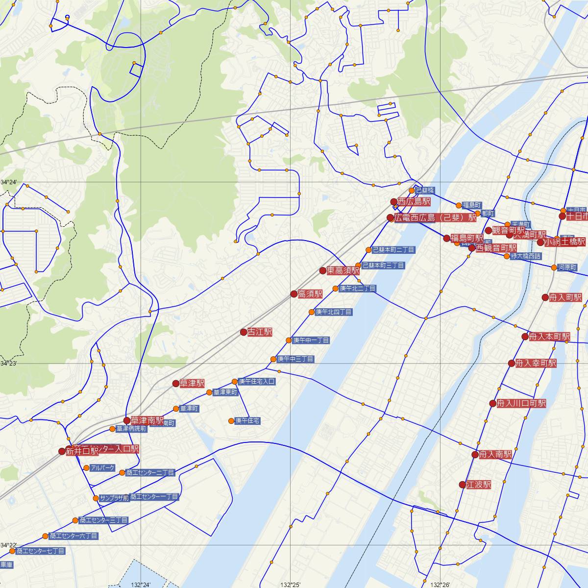 高須駅（広島電鉄）周辺のバス路線図