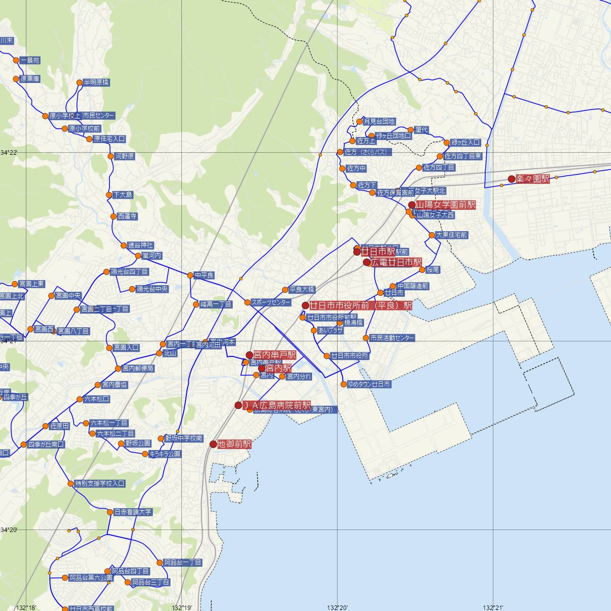 廿日市市役所前（平良）駅（広島電鉄）周辺のバス路線図