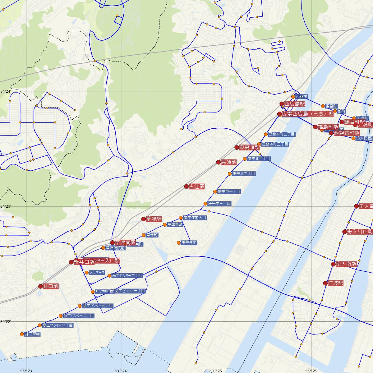 古江駅（広島電鉄）周辺のバス路線図