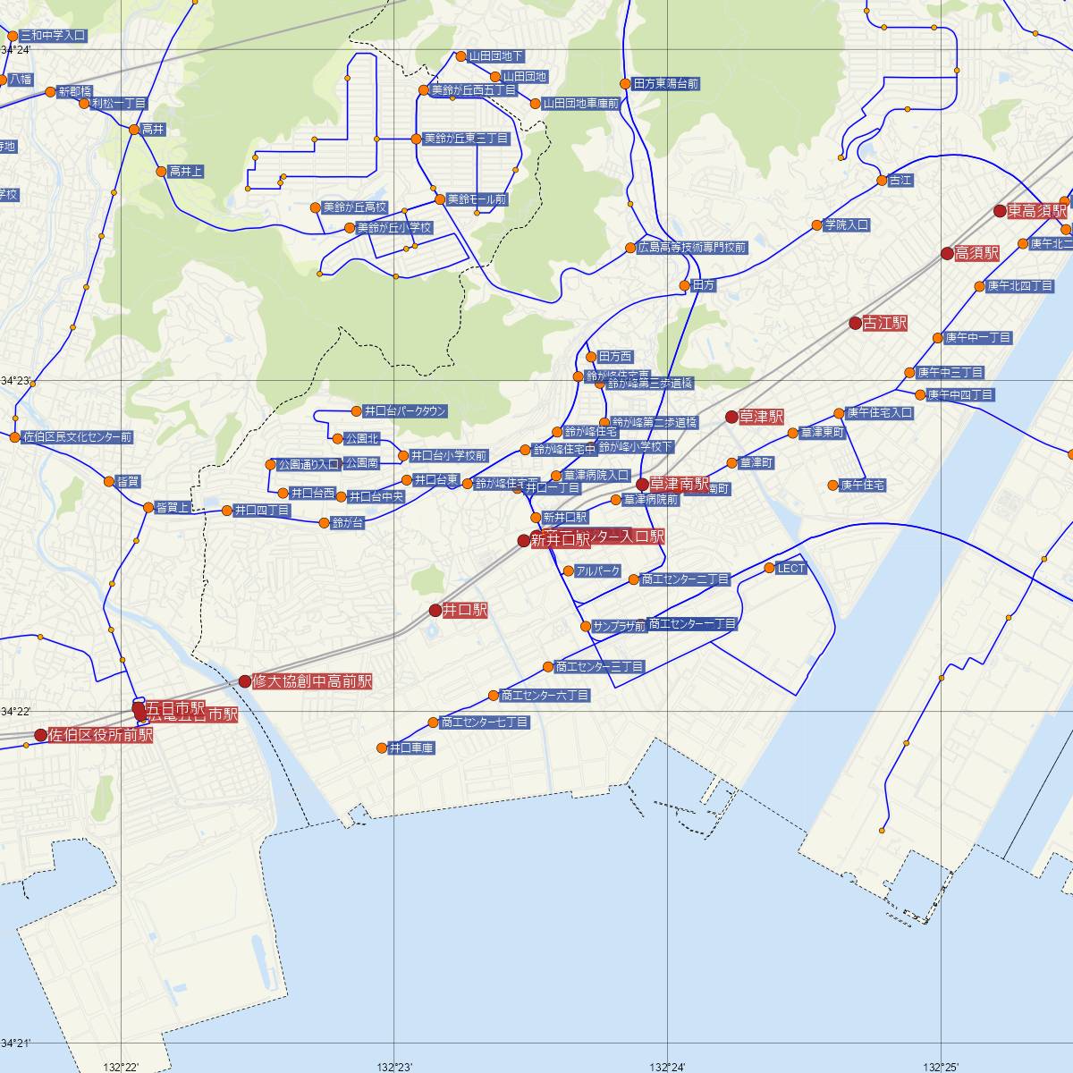 商工センター入口駅（広島電鉄）周辺のバス路線図