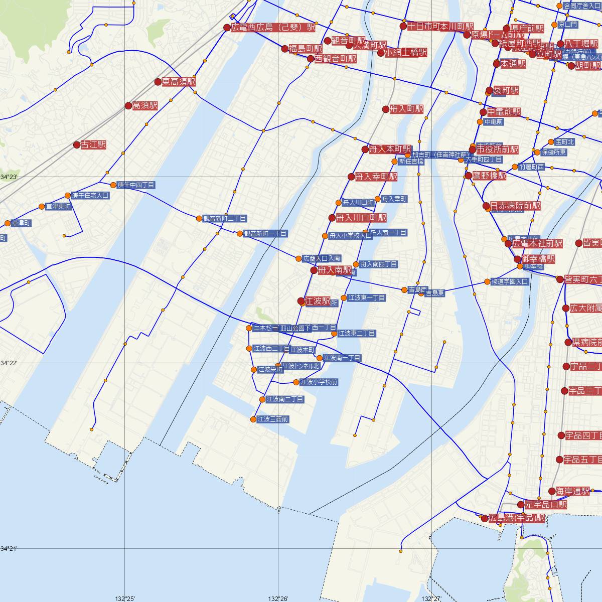 江波駅（広島電鉄）周辺のバス路線図