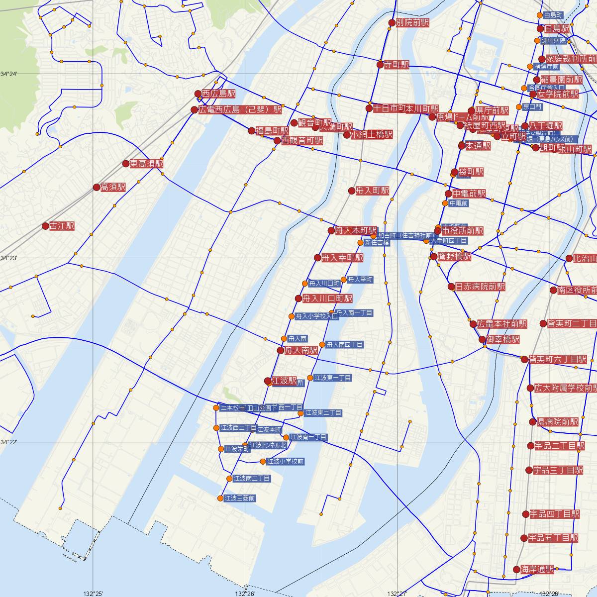 舟入川口町駅（広島電鉄）周辺のバス路線図