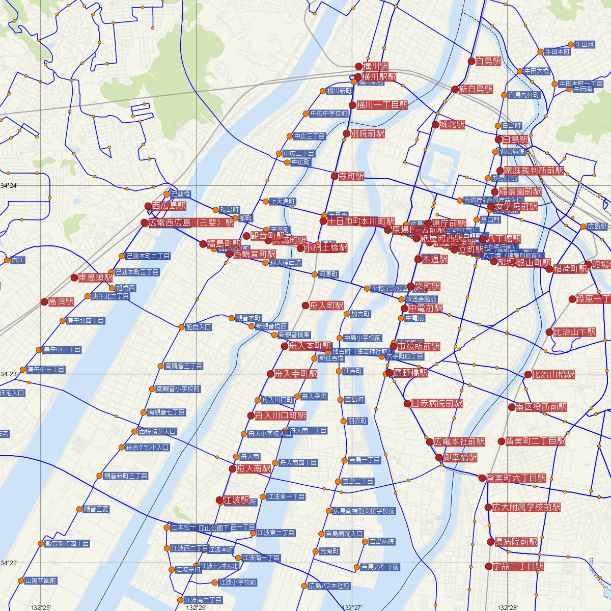 舟入町駅（広島電鉄）周辺のバス路線図