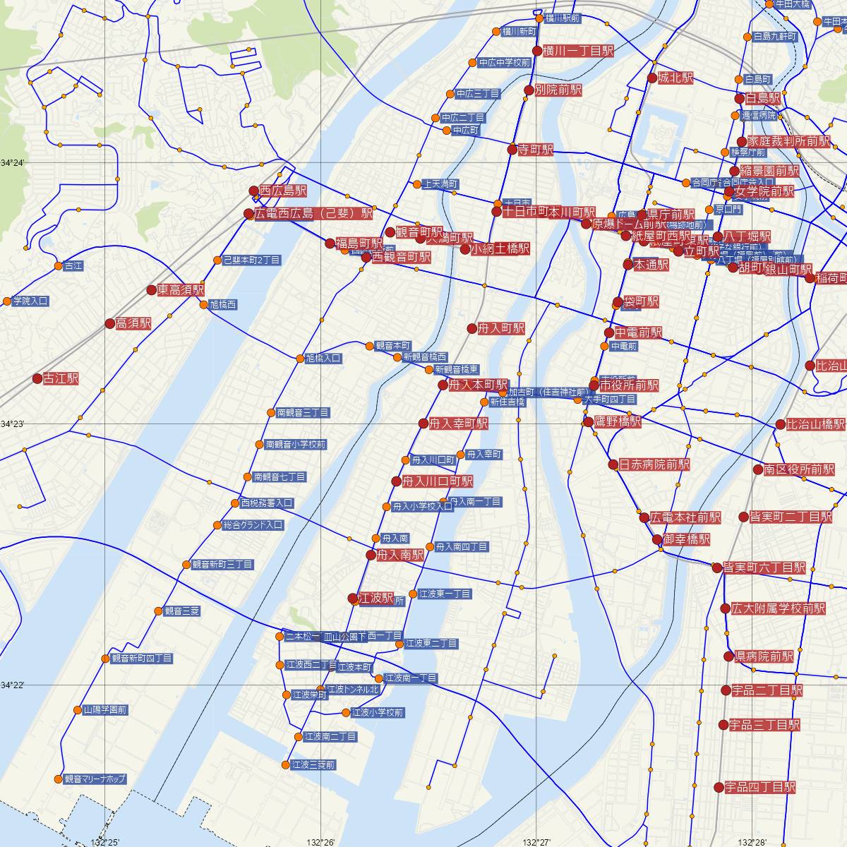 舟入幸町駅（広島電鉄）周辺のバス路線図