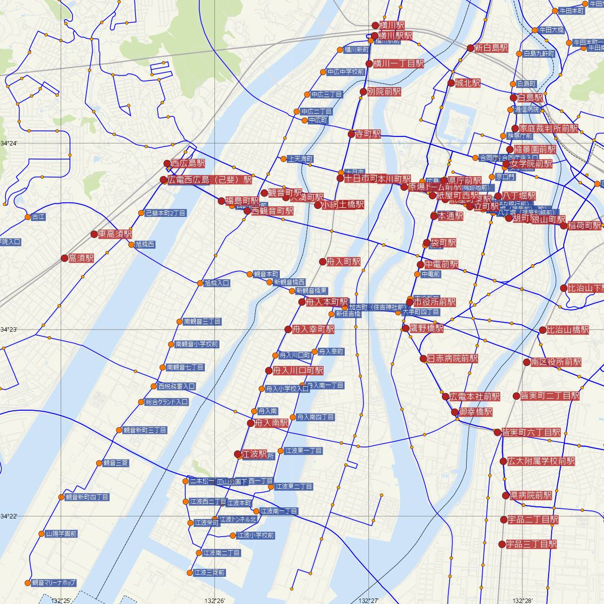 舟入本町駅（広島電鉄）周辺のバス路線図