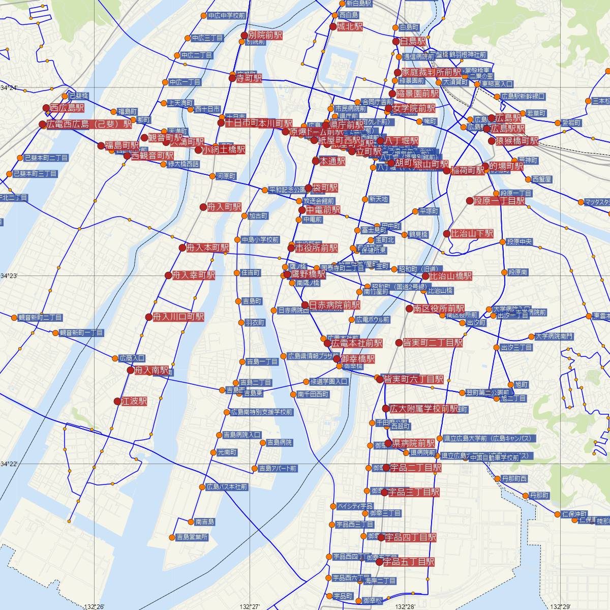 日赤病院前駅（広島電鉄）周辺のバス路線図