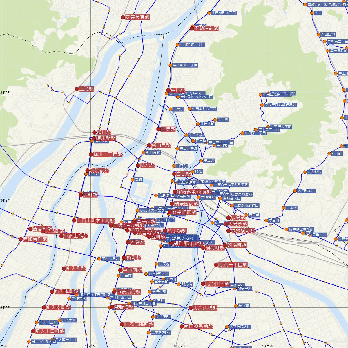 白島駅（広島電鉄）周辺のバス路線図