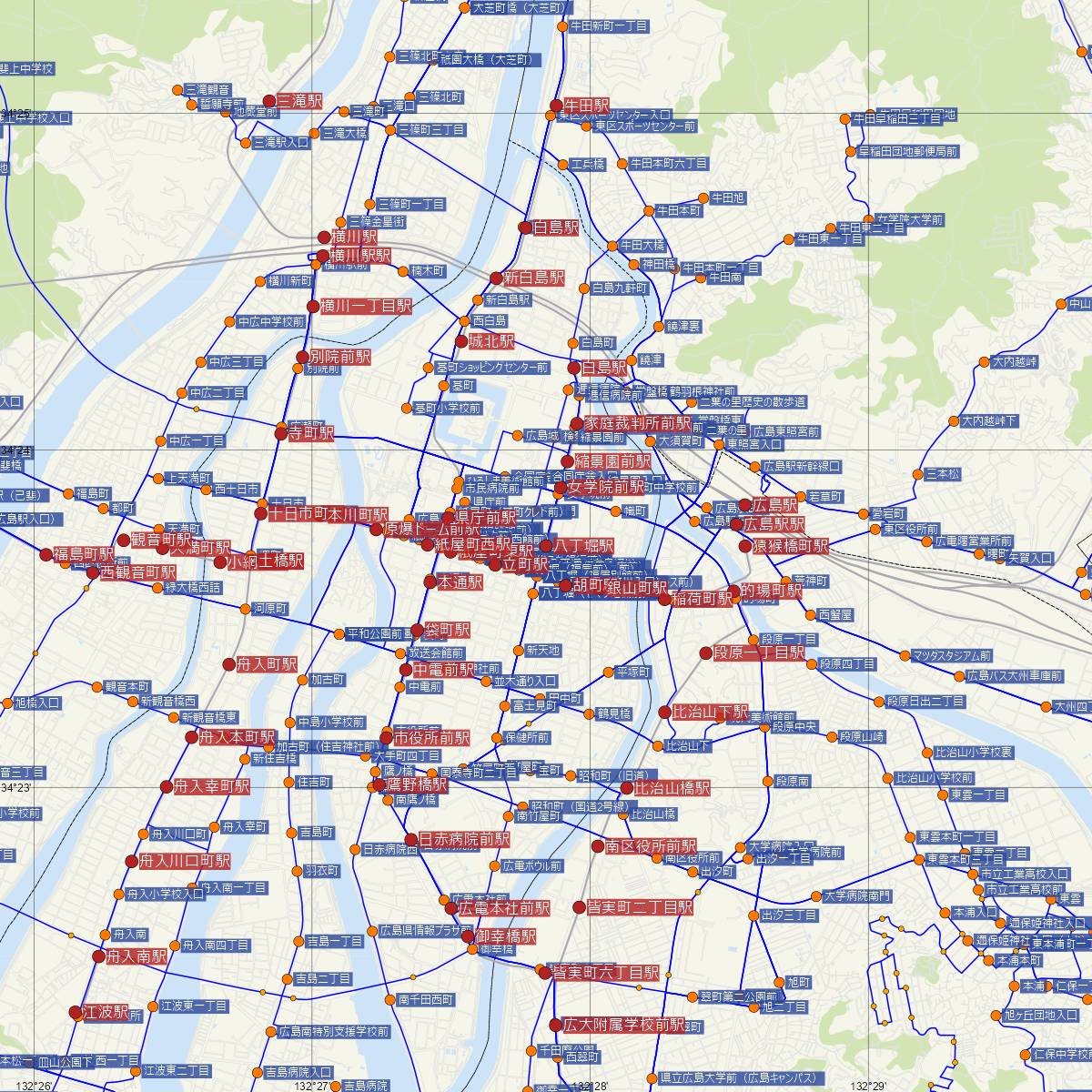 八丁堀駅（広島電鉄）周辺のバス路線図