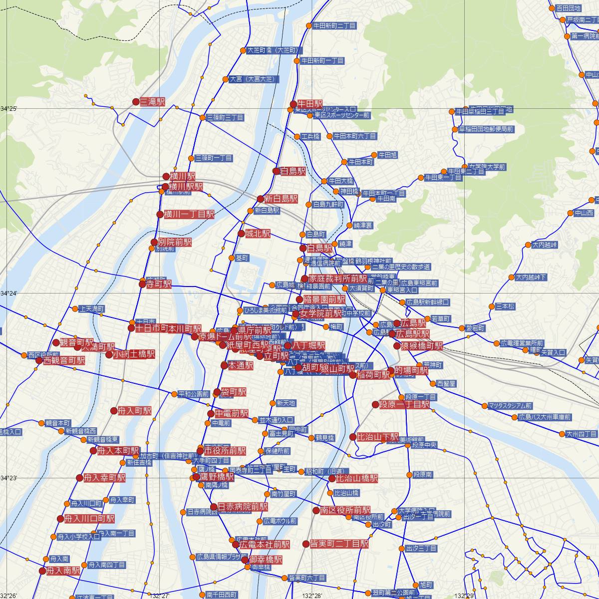 縮景園前駅（広島電鉄）周辺のバス路線図
