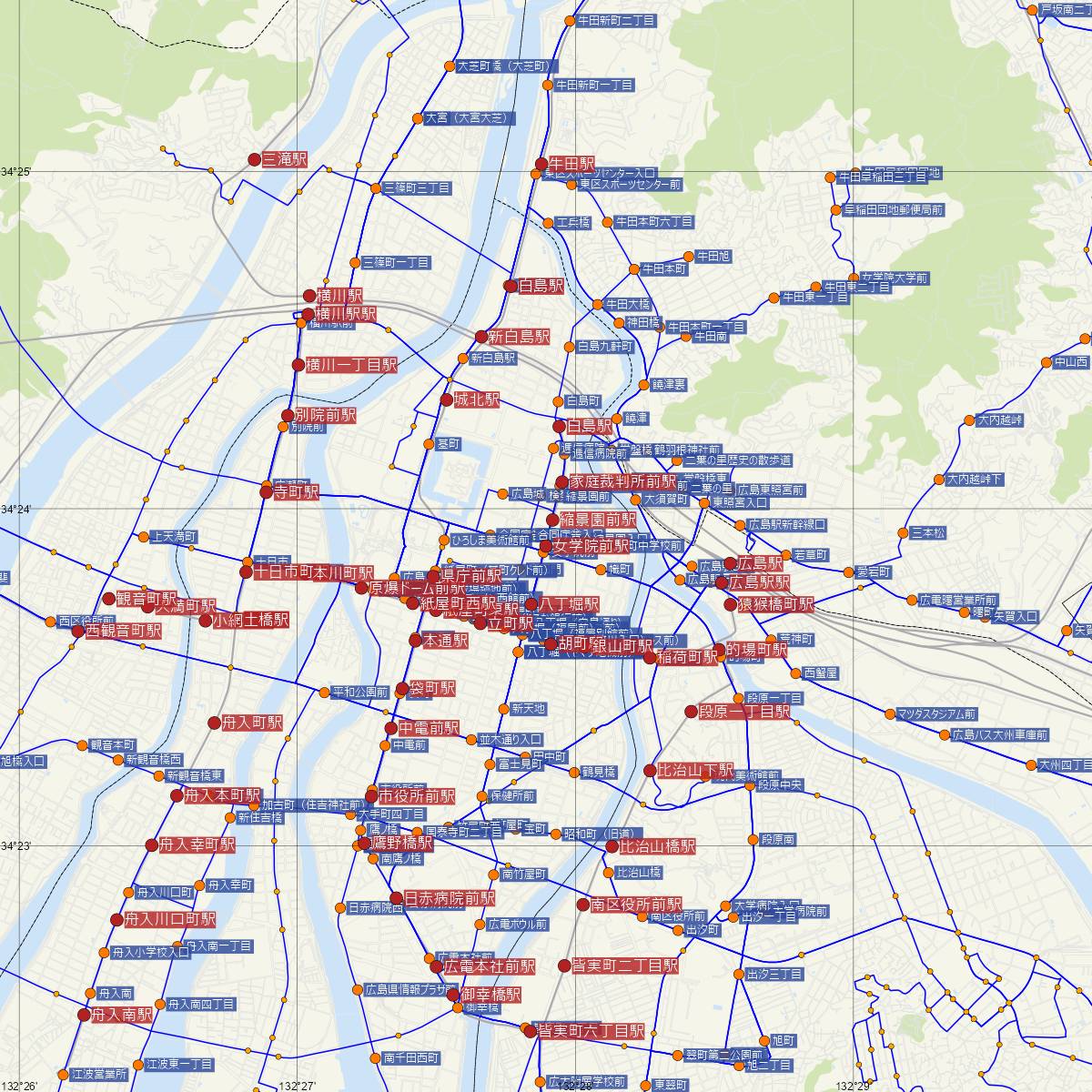 女学院前駅（広島電鉄）周辺のバス路線図