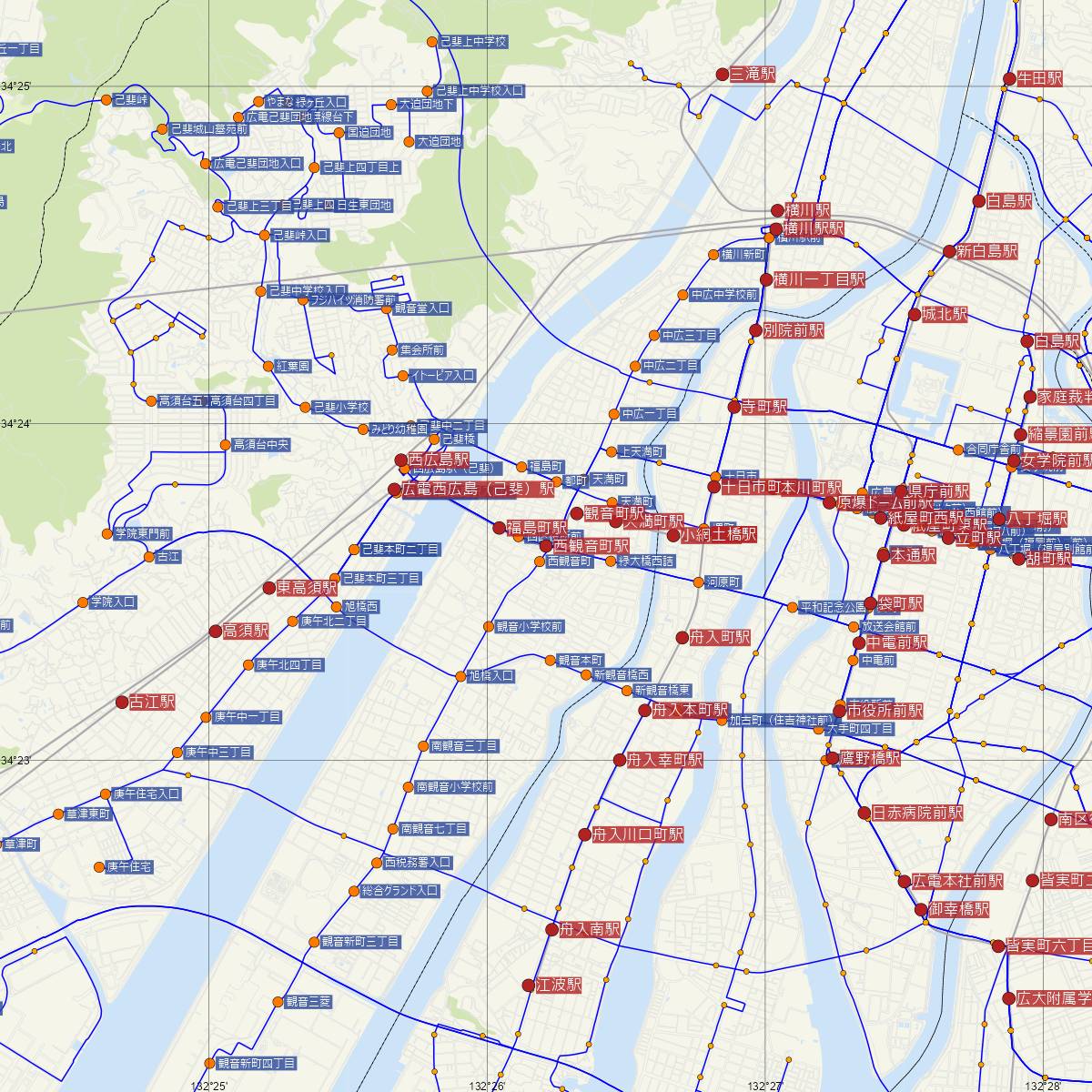 西観音町駅（広島電鉄）周辺のバス路線図