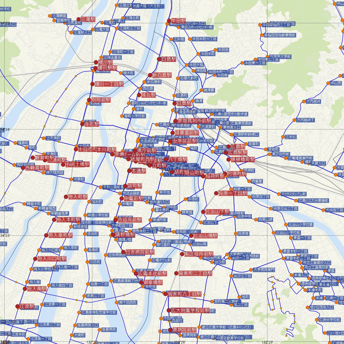 胡町駅（広島電鉄）周辺のバス路線図