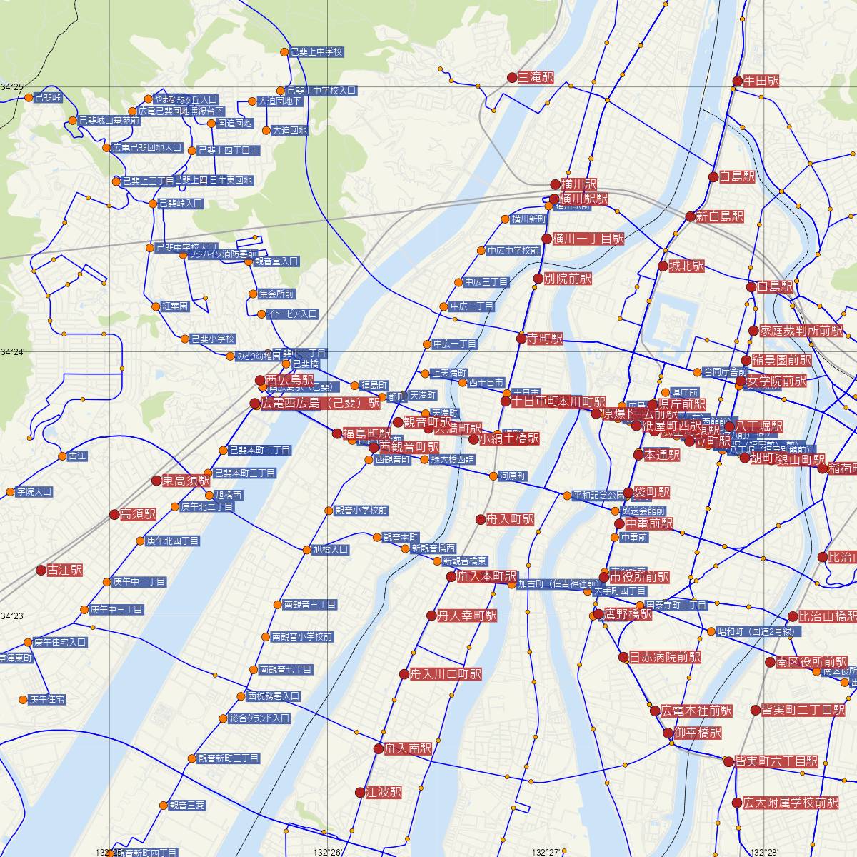 天満町駅（広島電鉄）周辺のバス路線図
