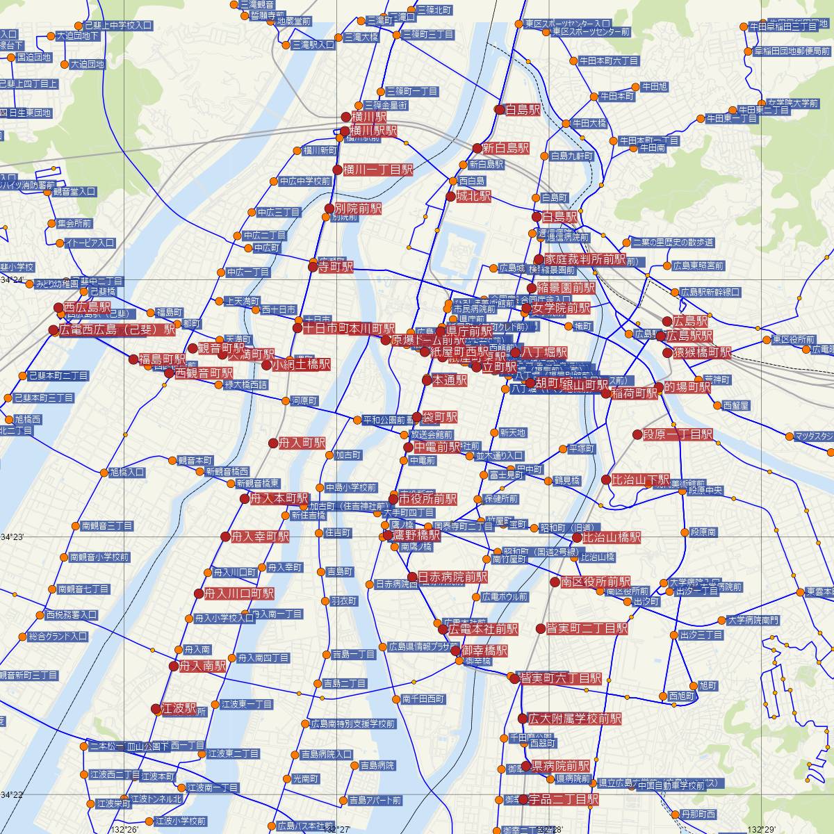 袋町駅（広島電鉄）周辺のバス路線図