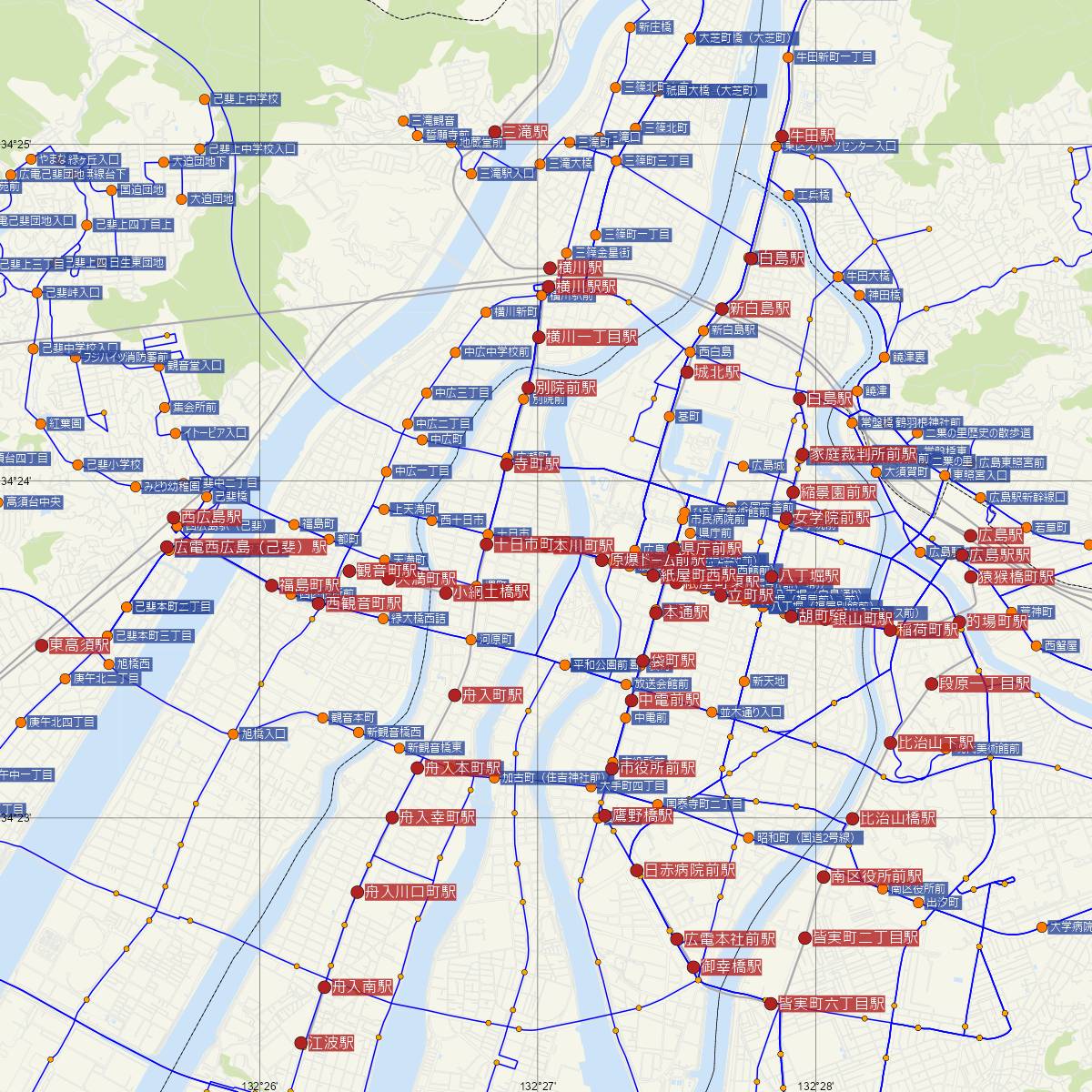 本川町駅（広島電鉄）周辺のバス路線図