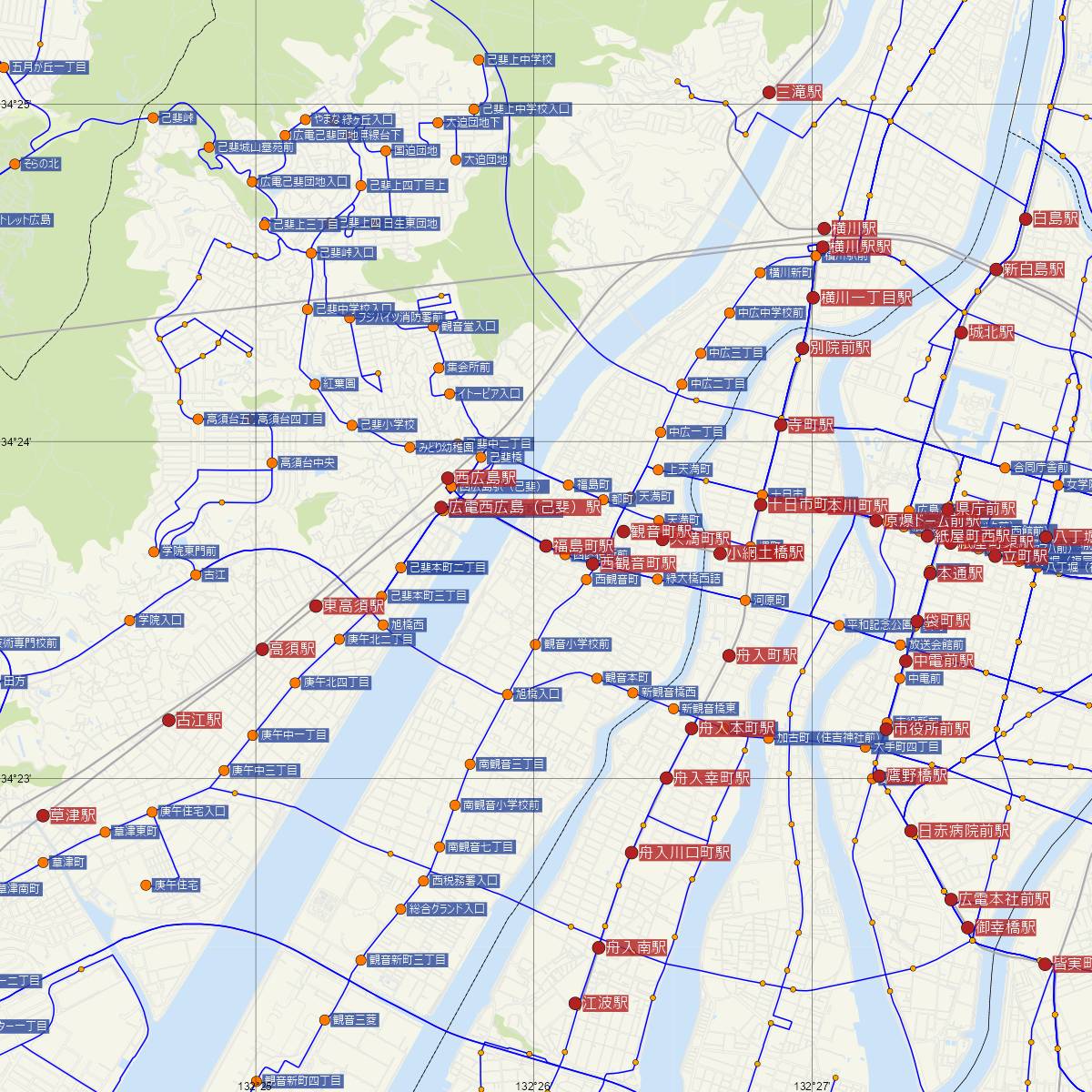福島町駅（広島電鉄）周辺のバス路線図