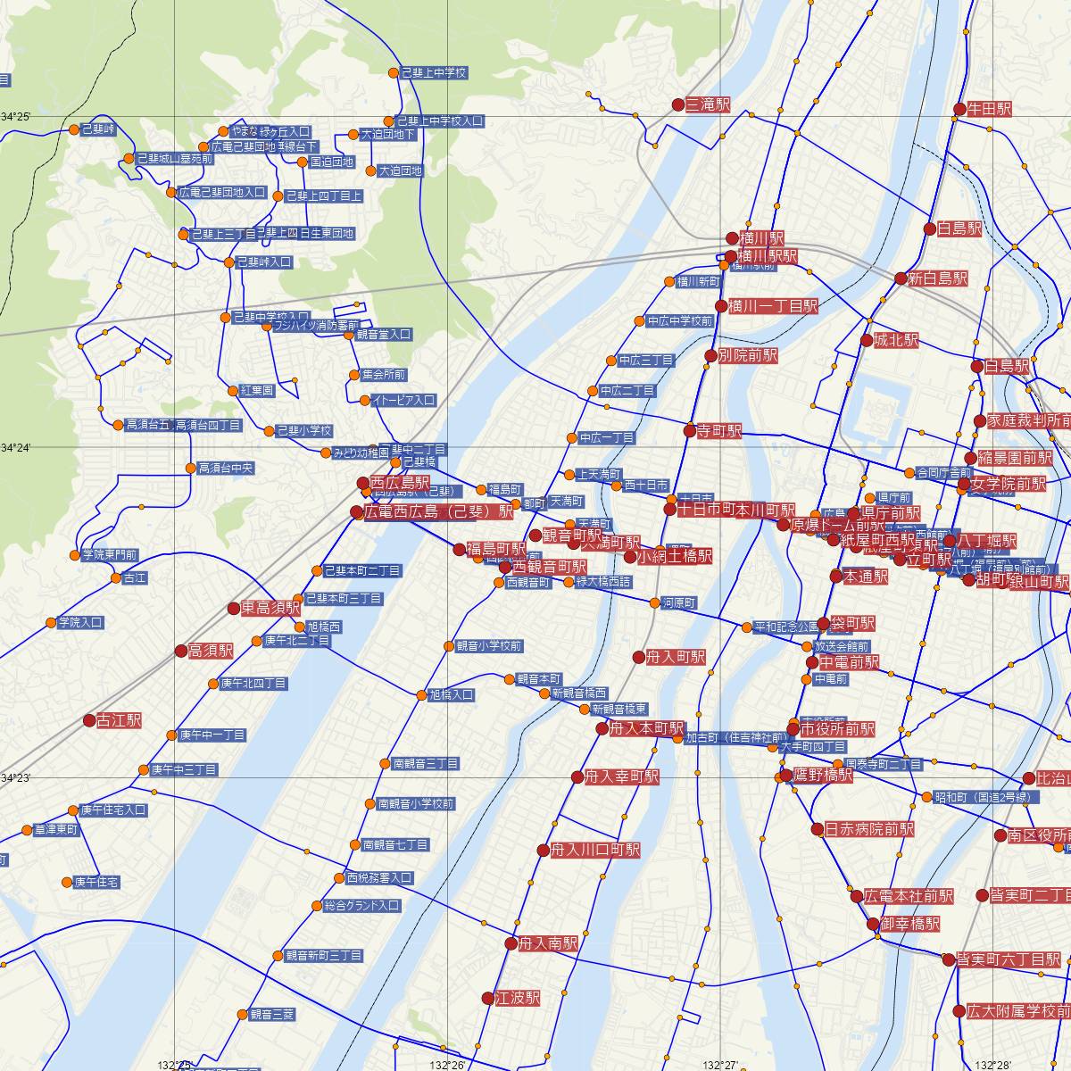 観音町駅（広島電鉄）周辺のバス路線図