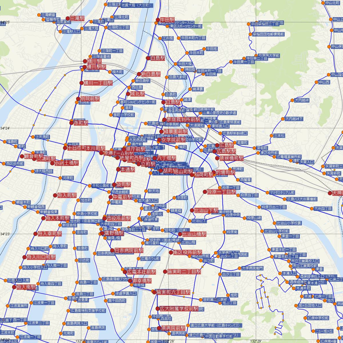 銀山町駅（広島電鉄）周辺のバス路線図