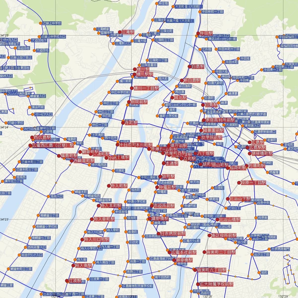 原爆ドーム前駅（広島電鉄）周辺のバス路線図