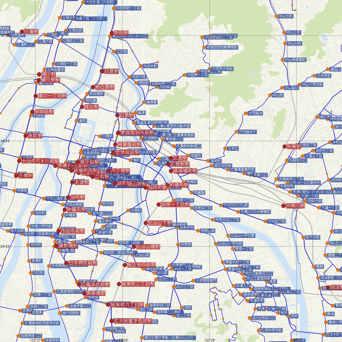 猿猴橋町駅（広島電鉄）周辺のバス路線図