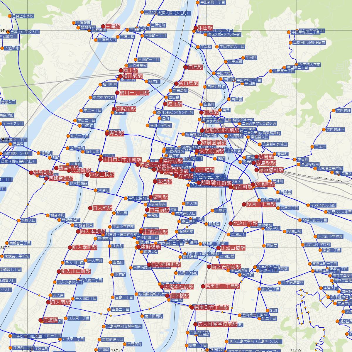 立町駅（広島電鉄）周辺のバス路線図