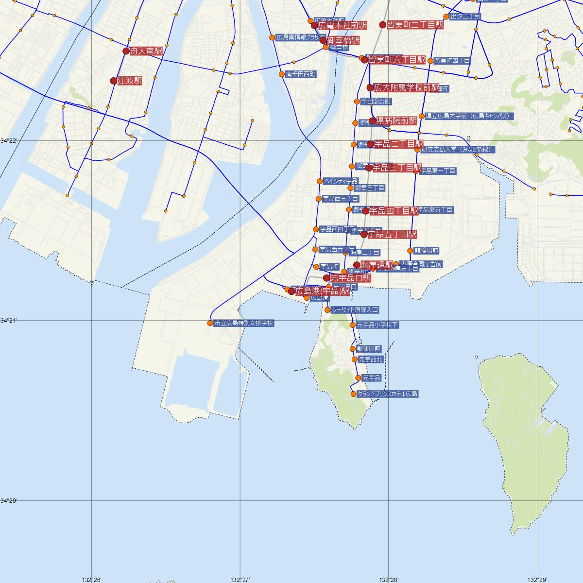 広島港（宇品）駅（広島電鉄）周辺のバス路線図