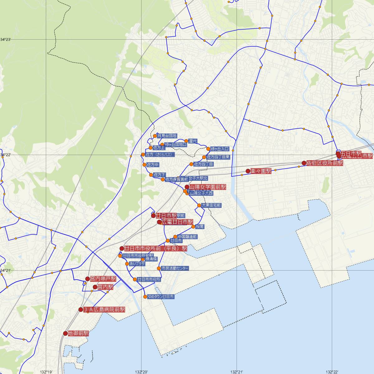 山陽女学園前駅（広島電鉄）周辺のバス路線図