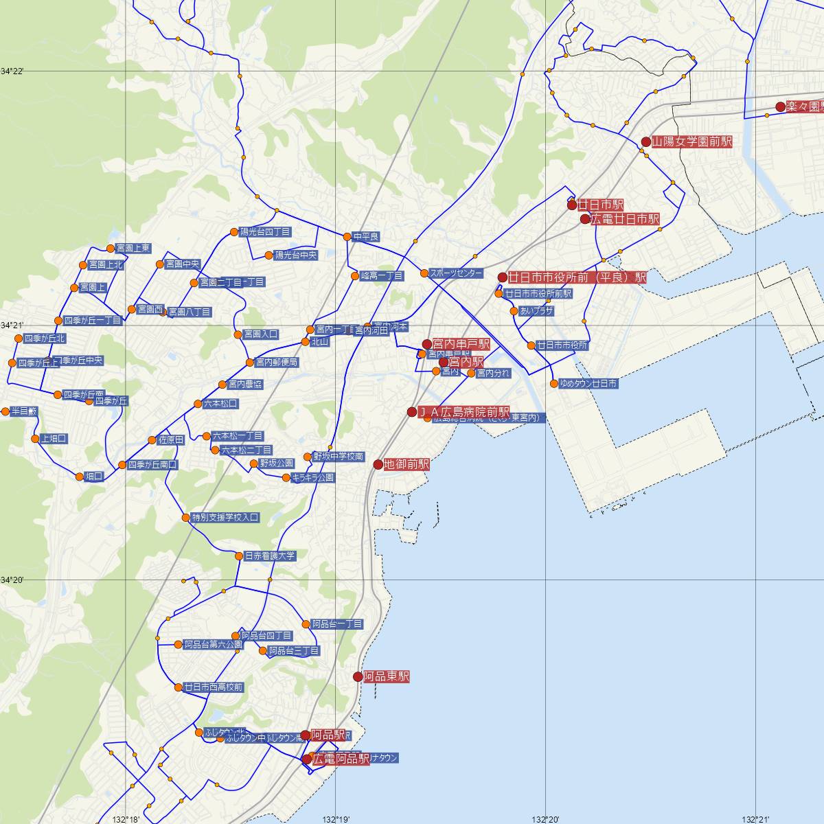 JA広島病院前駅（広島電鉄）周辺のバス路線図