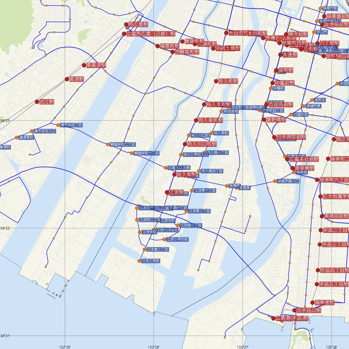 舟入南駅（広島電鉄）周辺のバス路線図
