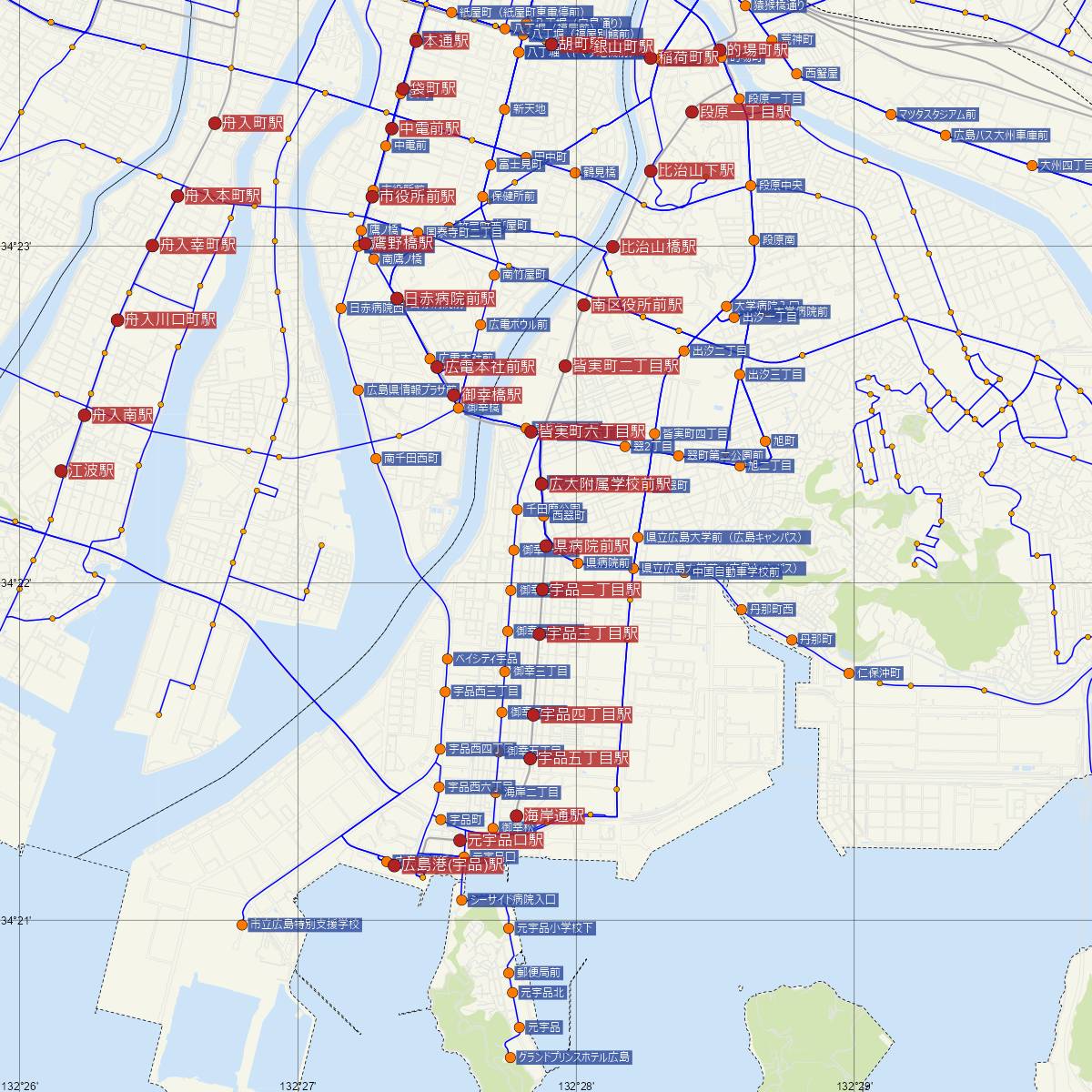 県病院前駅（広島電鉄）周辺のバス路線図