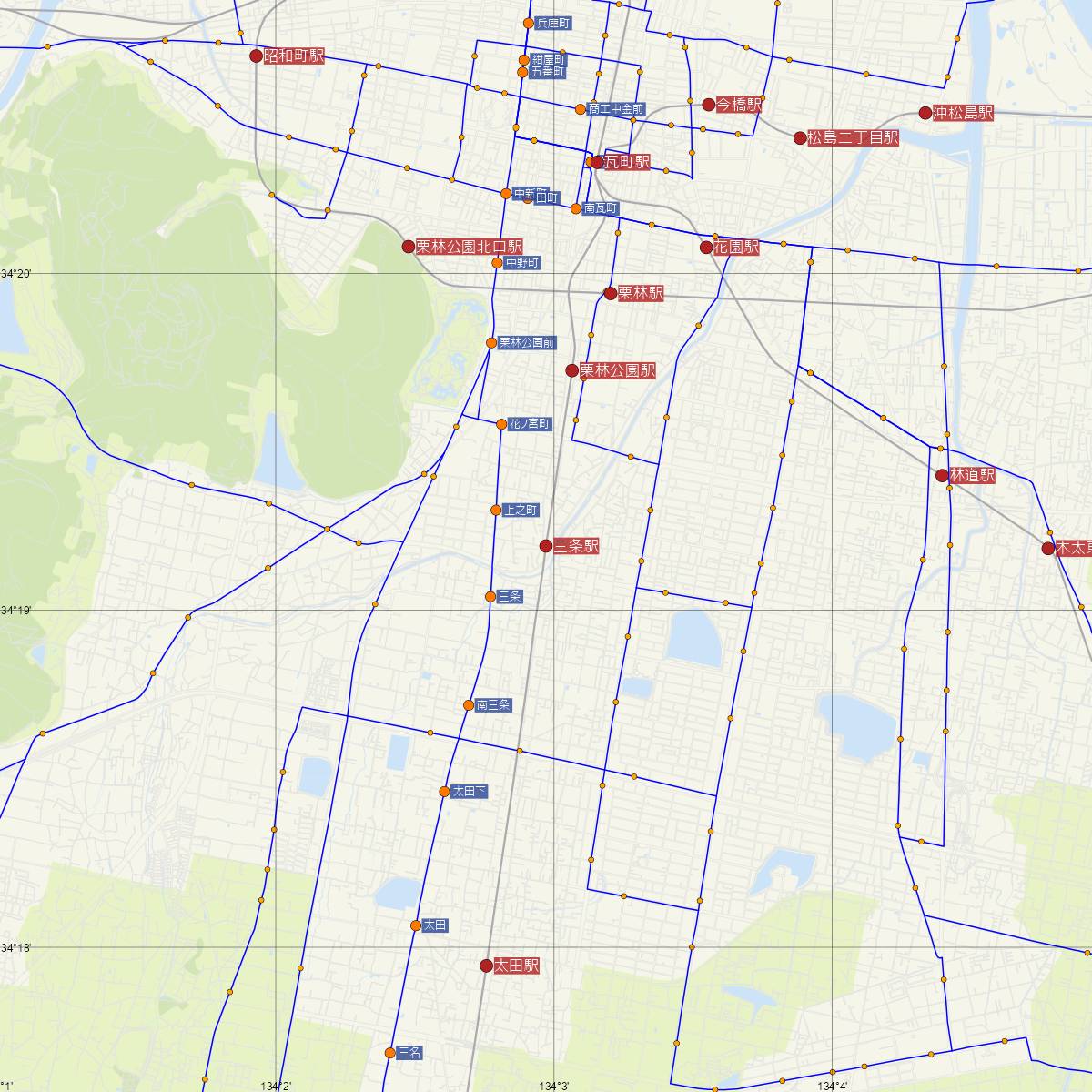 三条駅（高松琴平電鉄）周辺のバス路線図