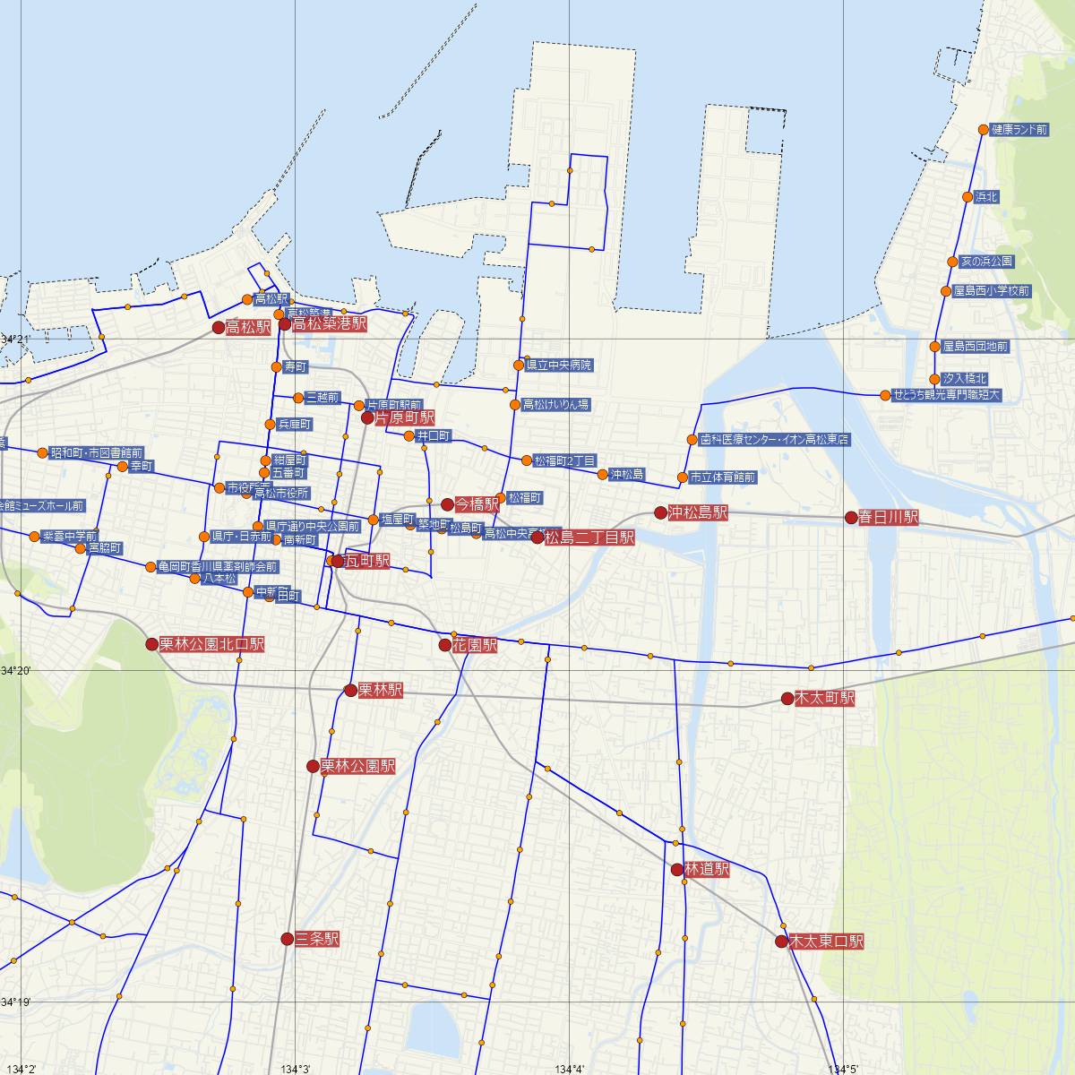 松島二丁目駅（高松琴平電鉄）周辺のバス路線図