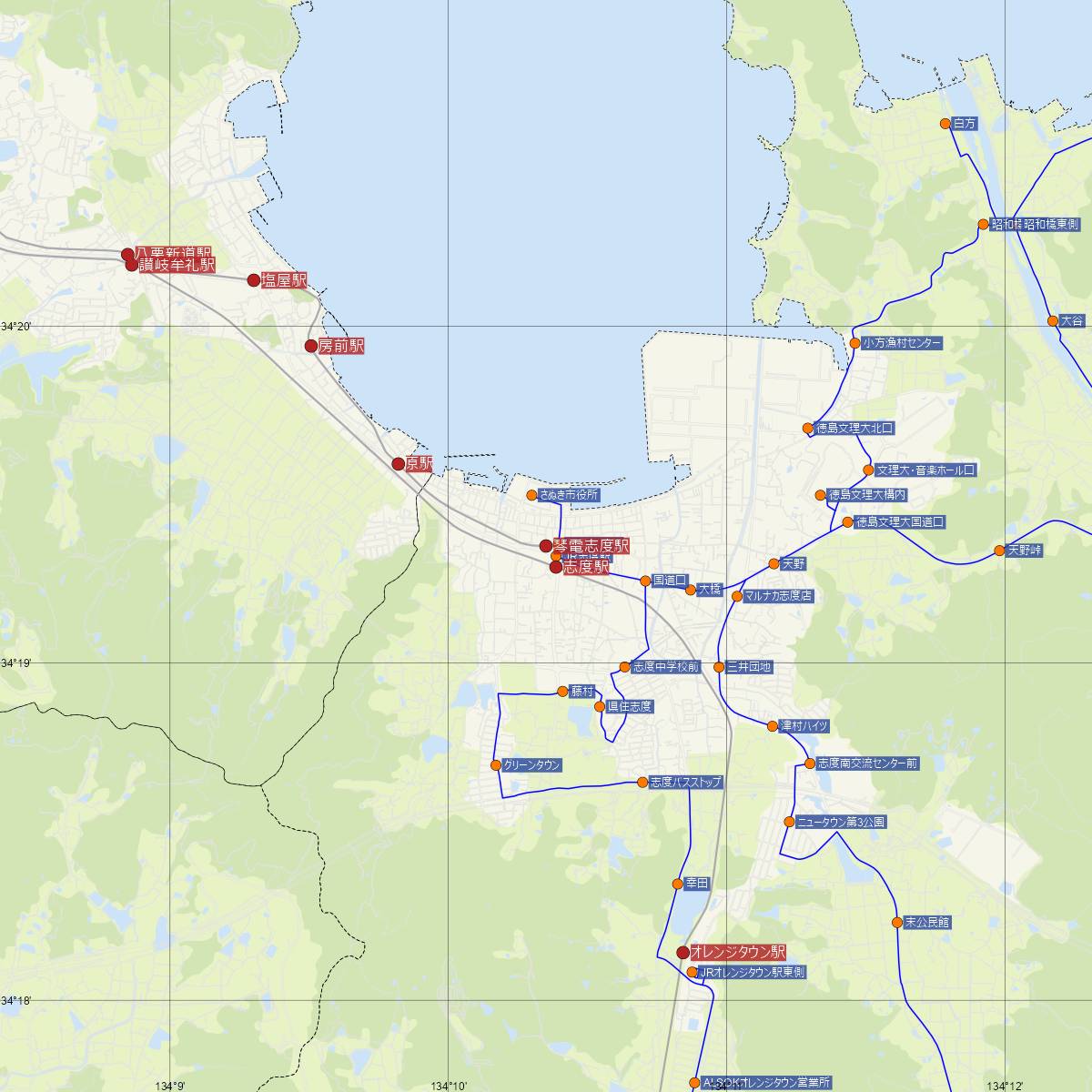 琴電志度駅（高松琴平電鉄）周辺のバス路線図