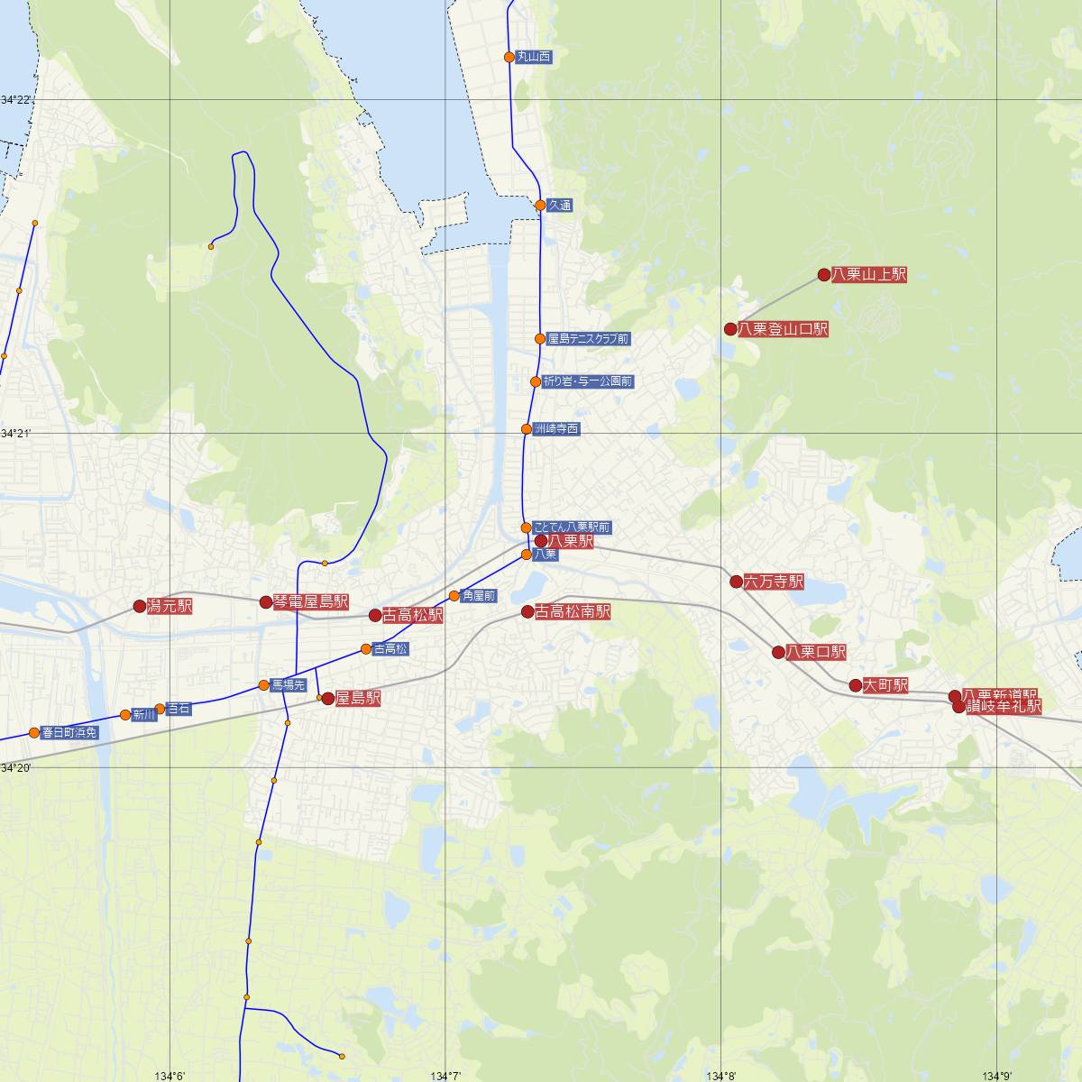 八栗駅（高松琴平電鉄）周辺のバス路線図