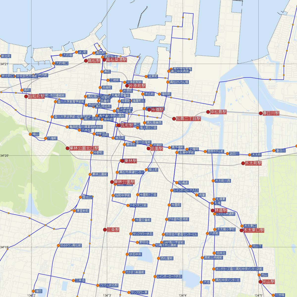 花園駅（高松琴平電鉄）周辺のバス路線図