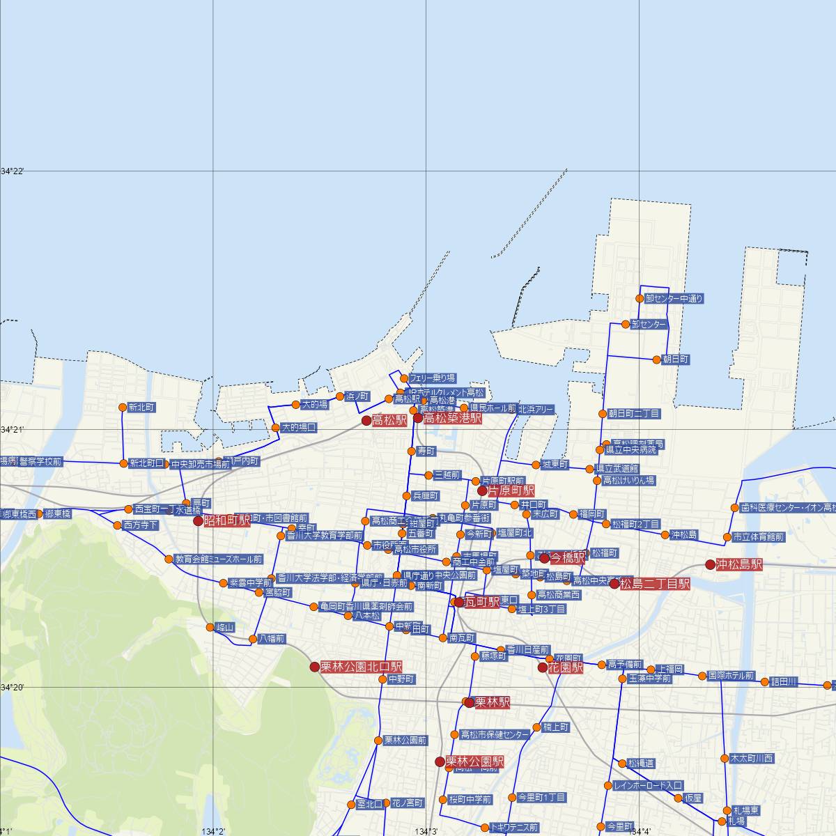 高松築港駅（高松琴平電鉄）周辺のバス路線図