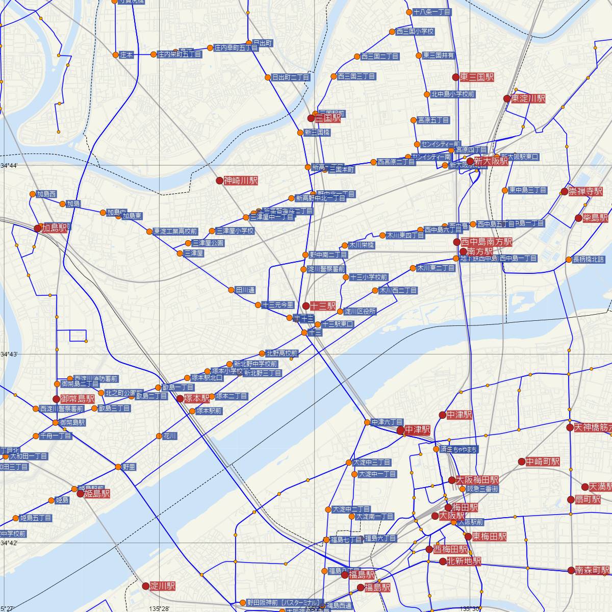 十三駅（阪急電鉄）周辺のバス路線図