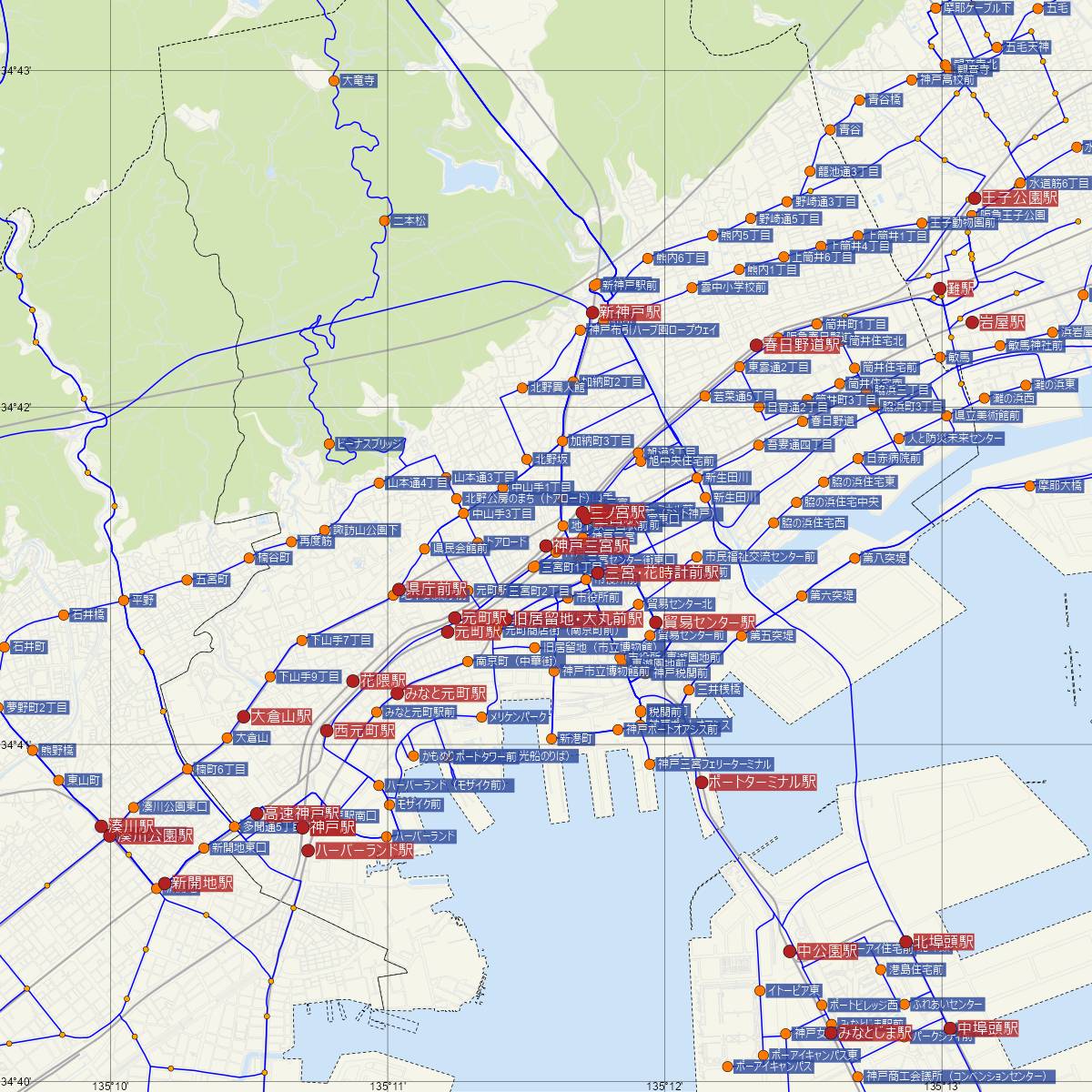 神戸三宮駅（阪急電鉄）周辺のバス路線図