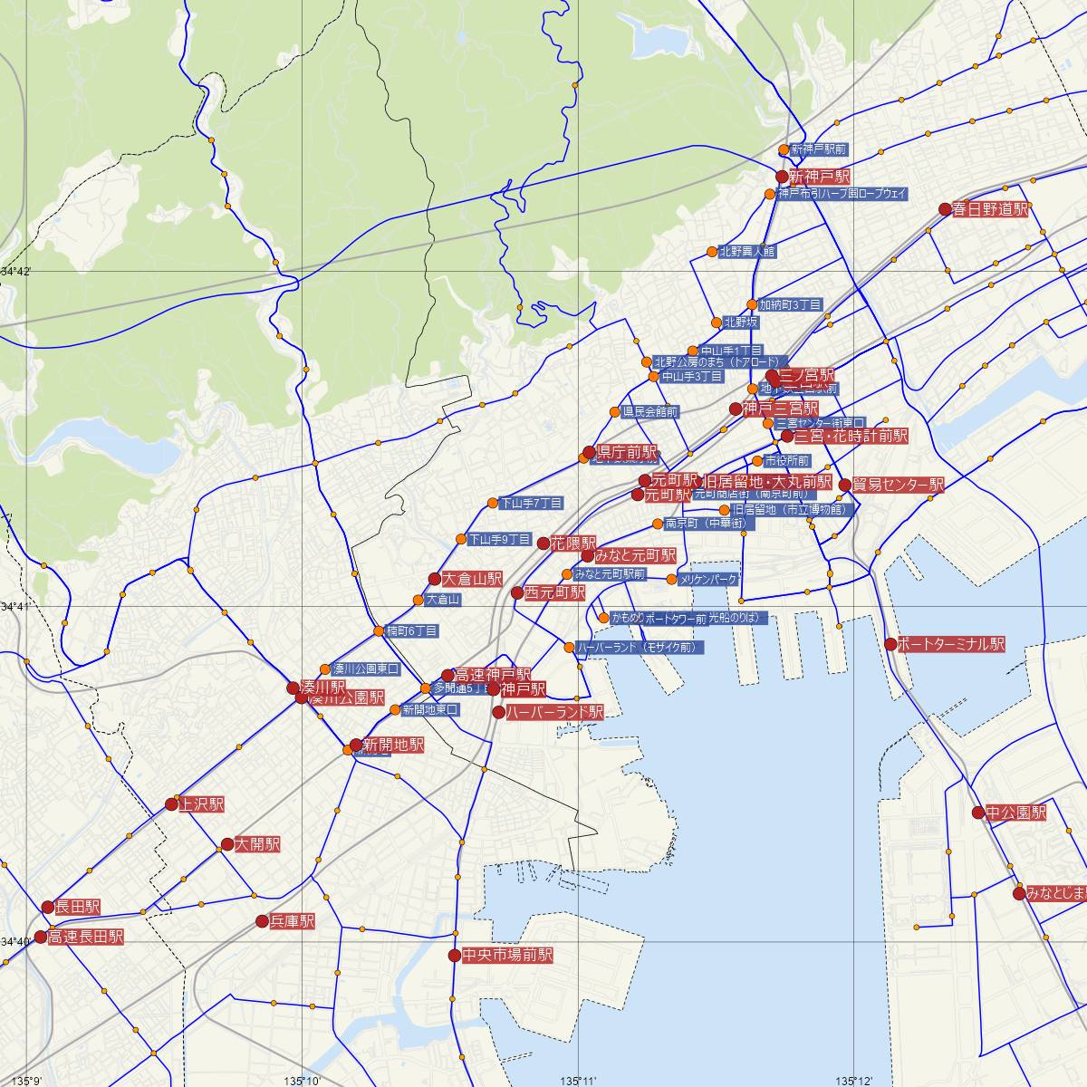 花隈駅（阪急電鉄）周辺のバス路線図